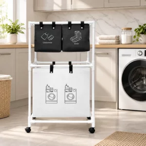 [73052] panier a linge mobile pour vêtements 3 compartiments